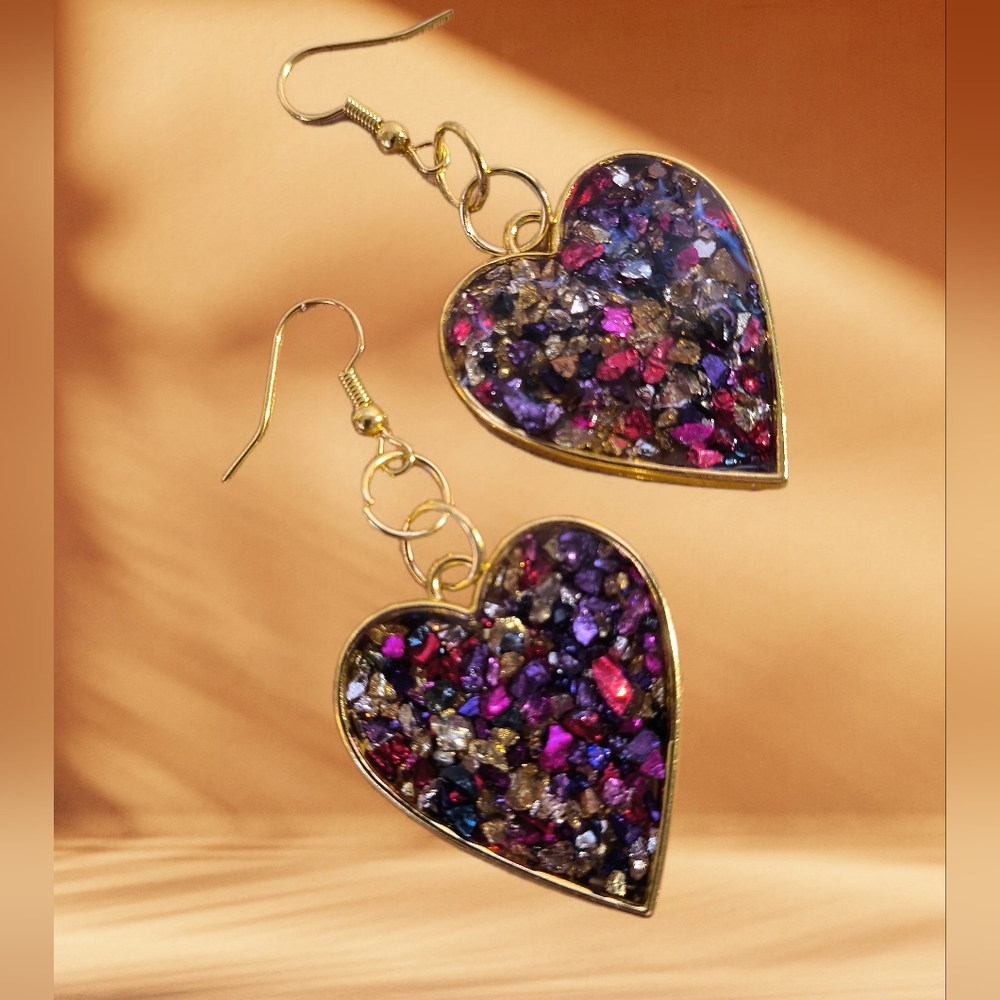 Hand Crafted Crushed Glass Heart Dangle Earrings